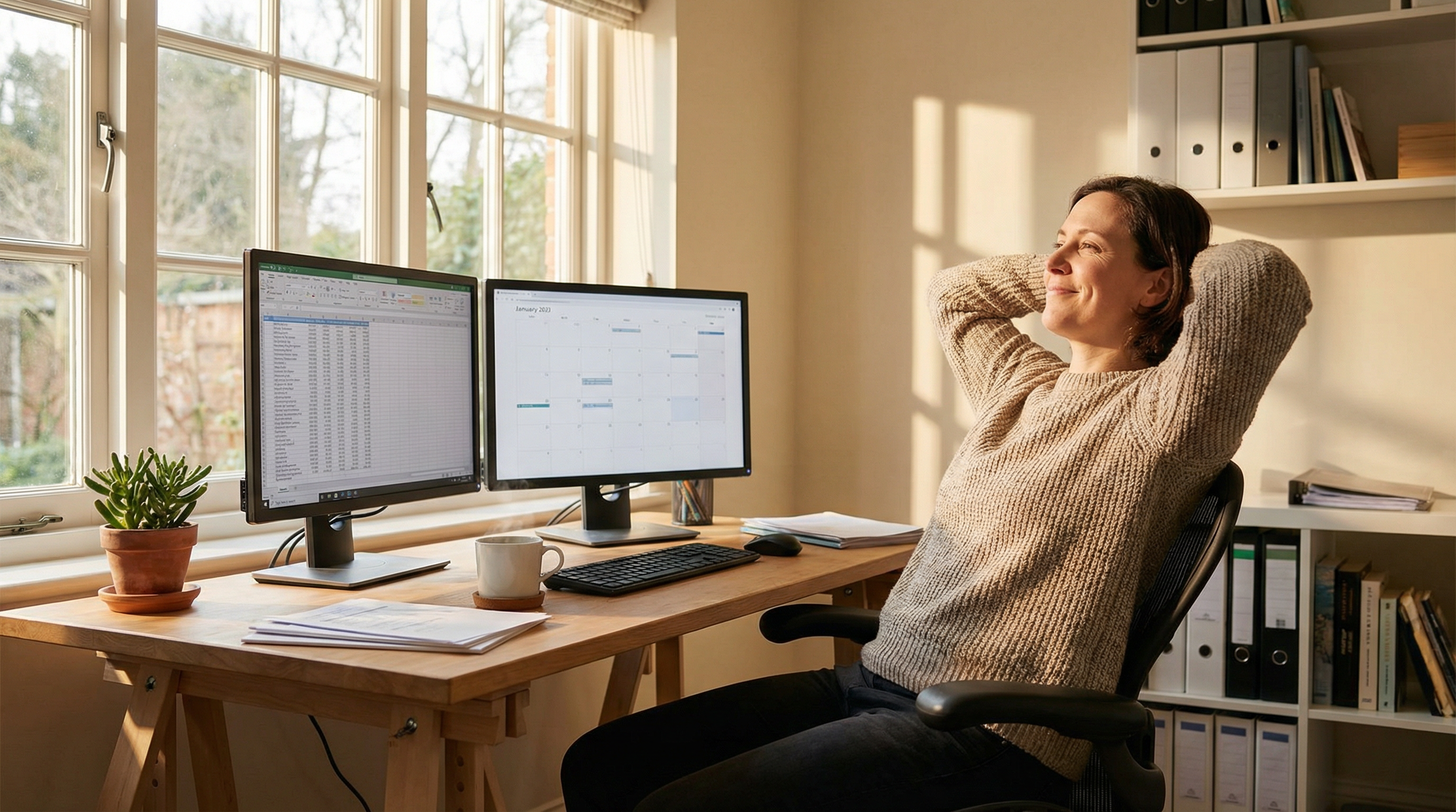 Bookkeeper sitting back in chair with quiet confidence in a bright home office with dual monitors and morning sunlight
