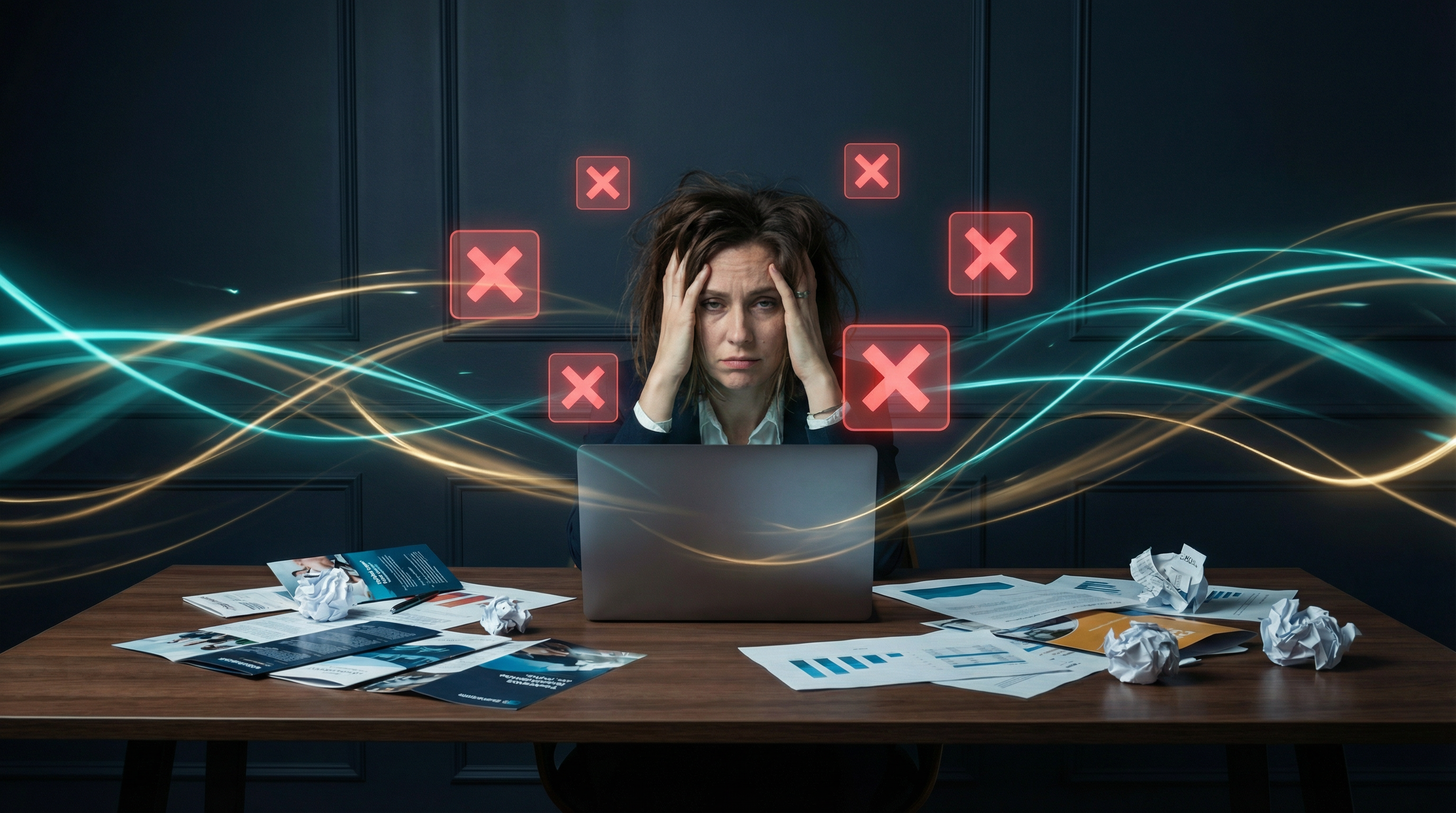 Frustrated bookkeeper at desk surrounded by failed marketing materials representing common marketing mistakes
