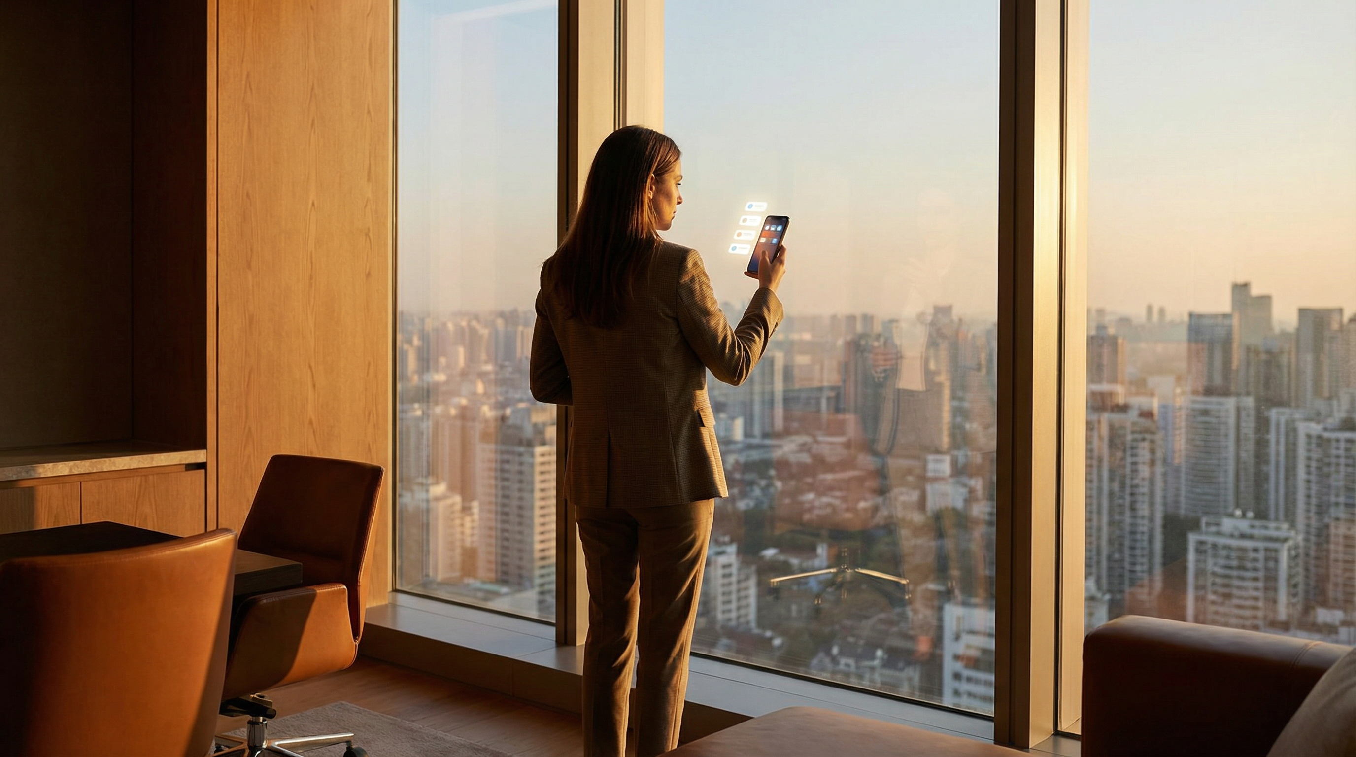 Confident professional woman standing at a large window looking out at a city skyline at golden hour holding a phone