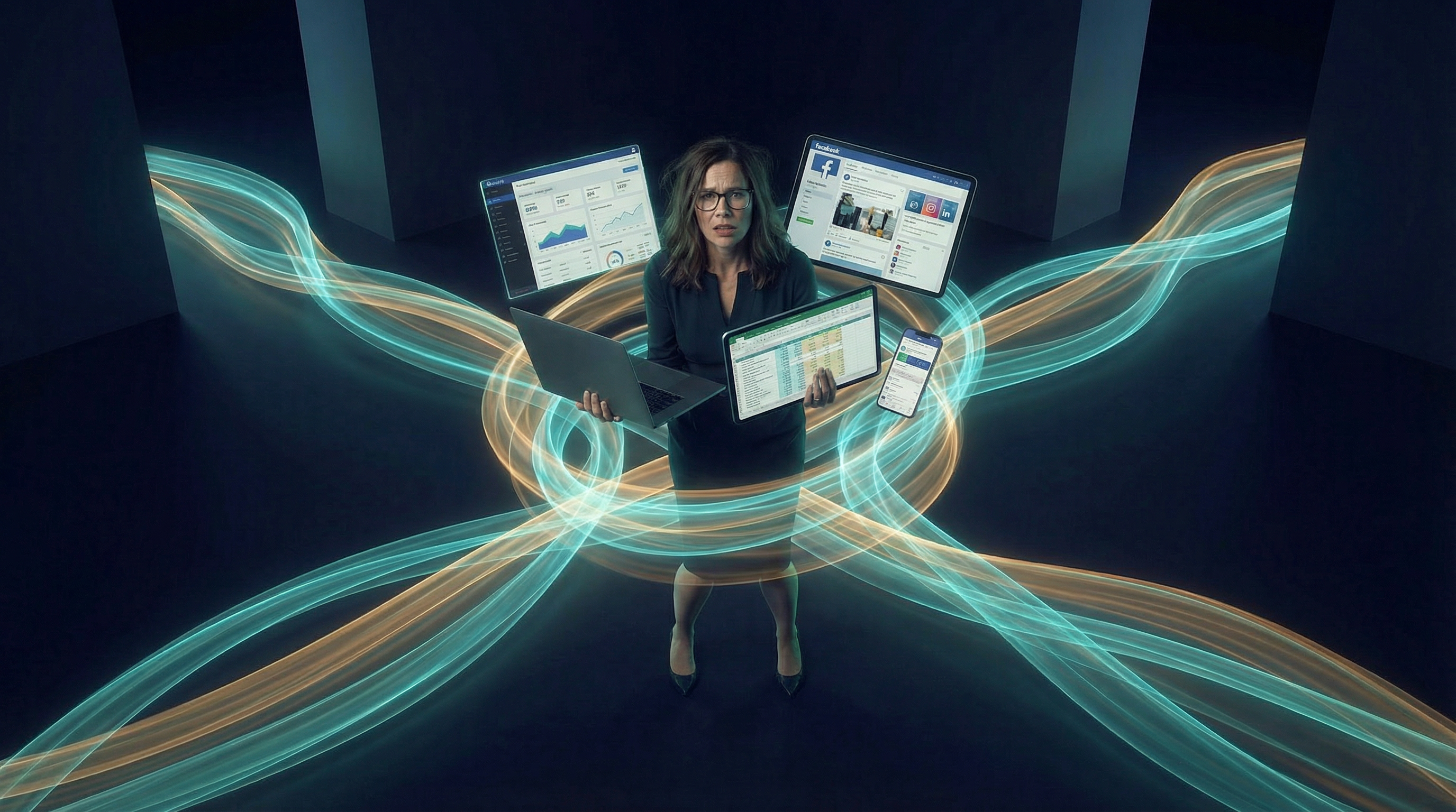 Overwhelmed solo bookkeeper trying to handle marketing alone while client work piles up on the desk