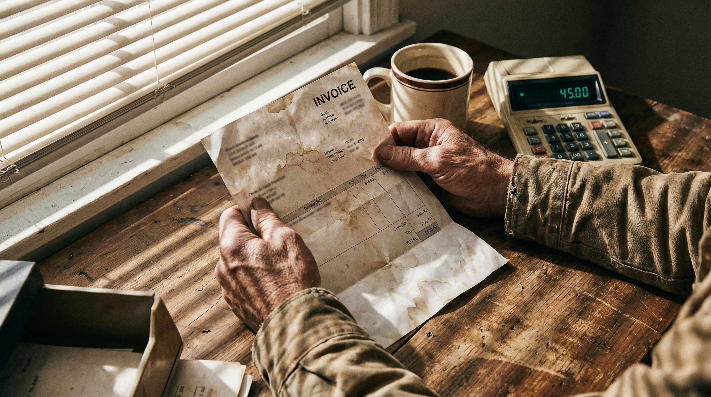 Close-up of weathered hands holding a crumpled invoice over a wooden desk with morning light through venetian blinds