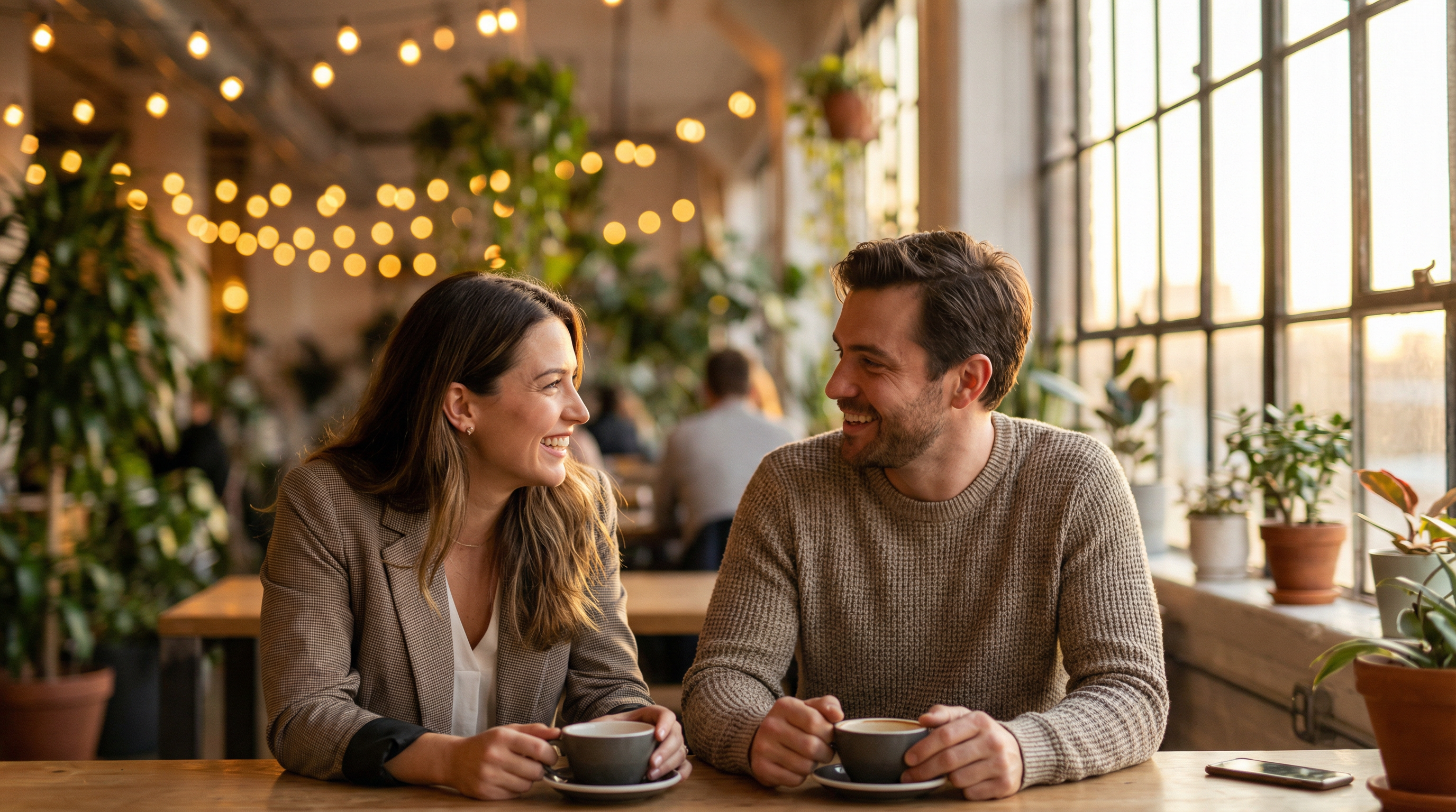 Two professionals having a genuine conversation over coffee in a warm modern coworking space with soft bokeh background