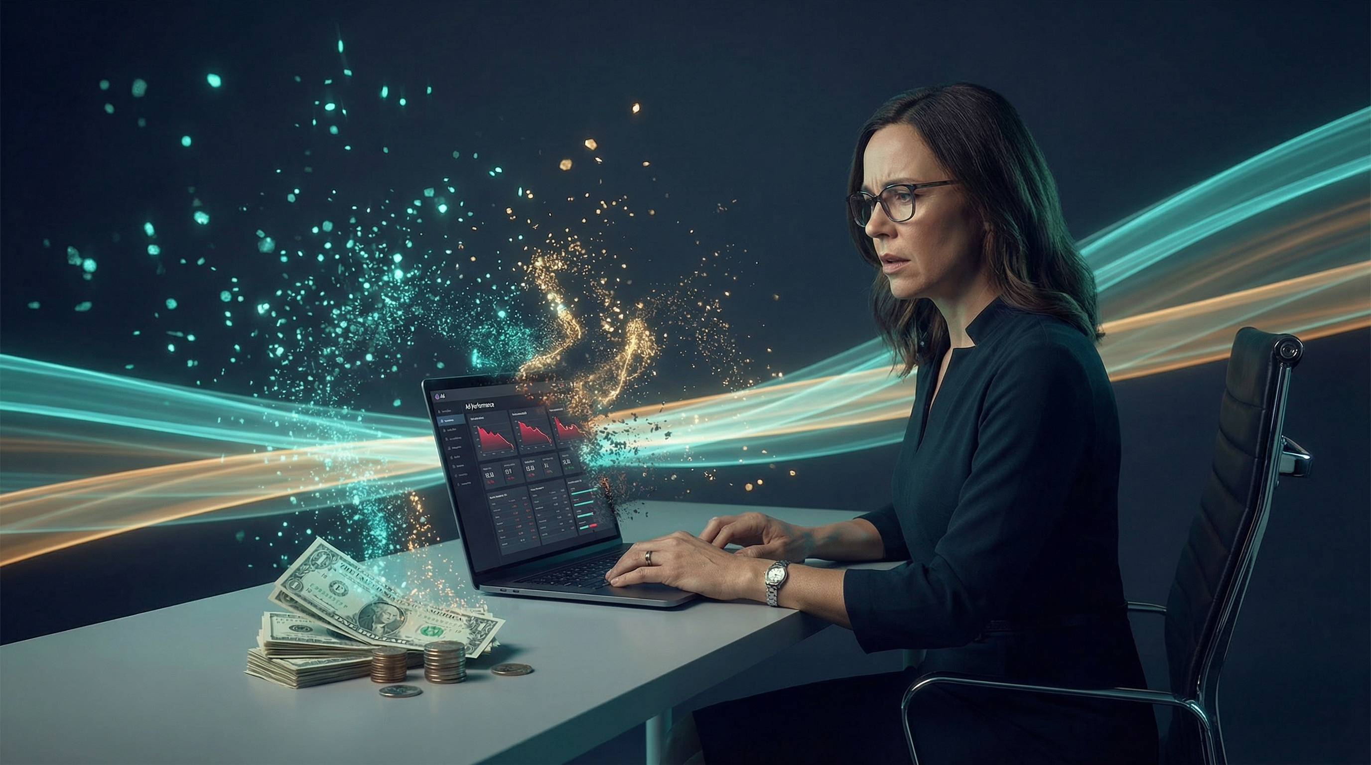 Money being thrown at a computer screen showing failed paid ads that do not convert for bookkeepers