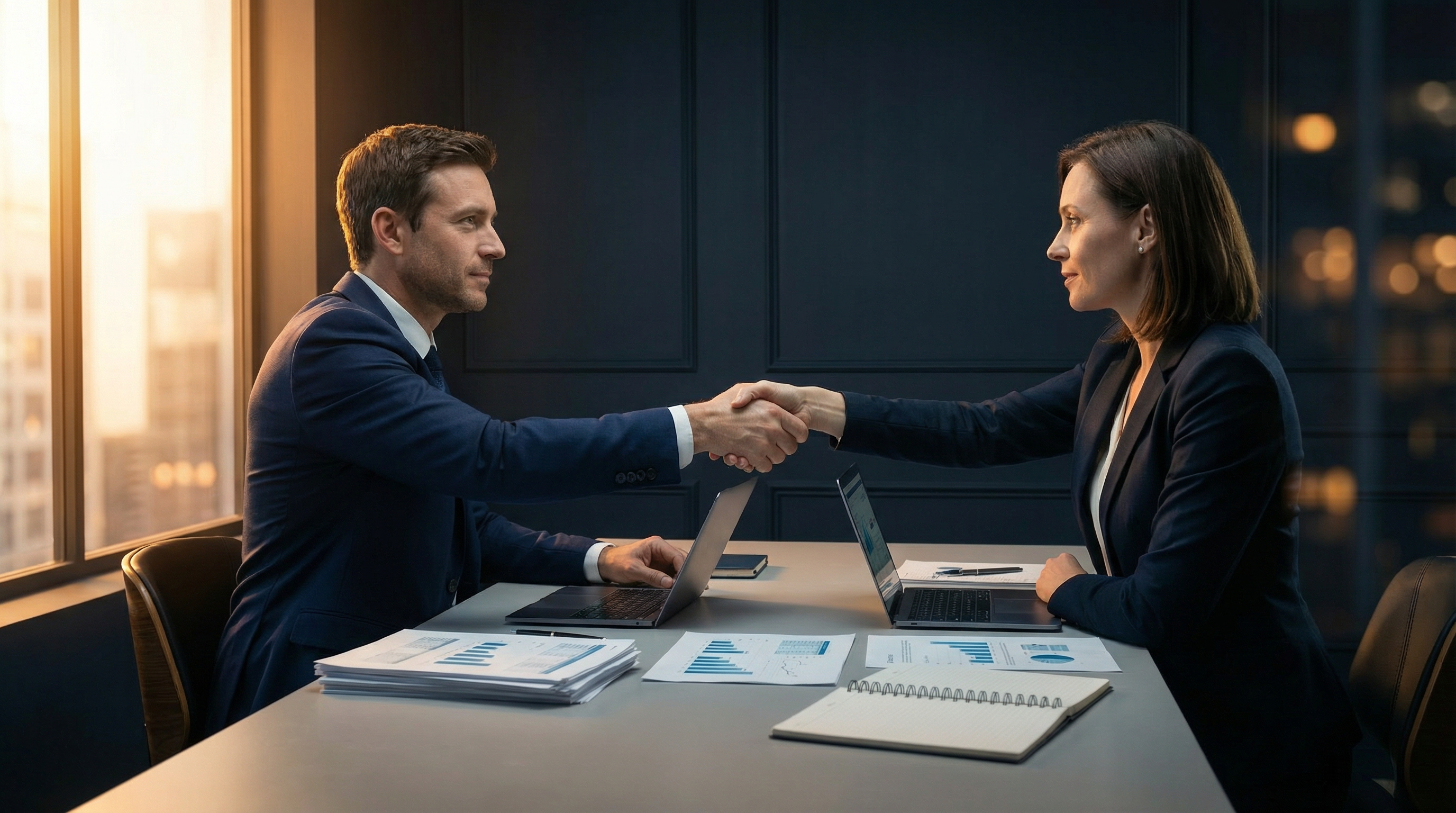 Two business professionals shaking hands over a conference table representing a strategic partnership between non-competing service providers