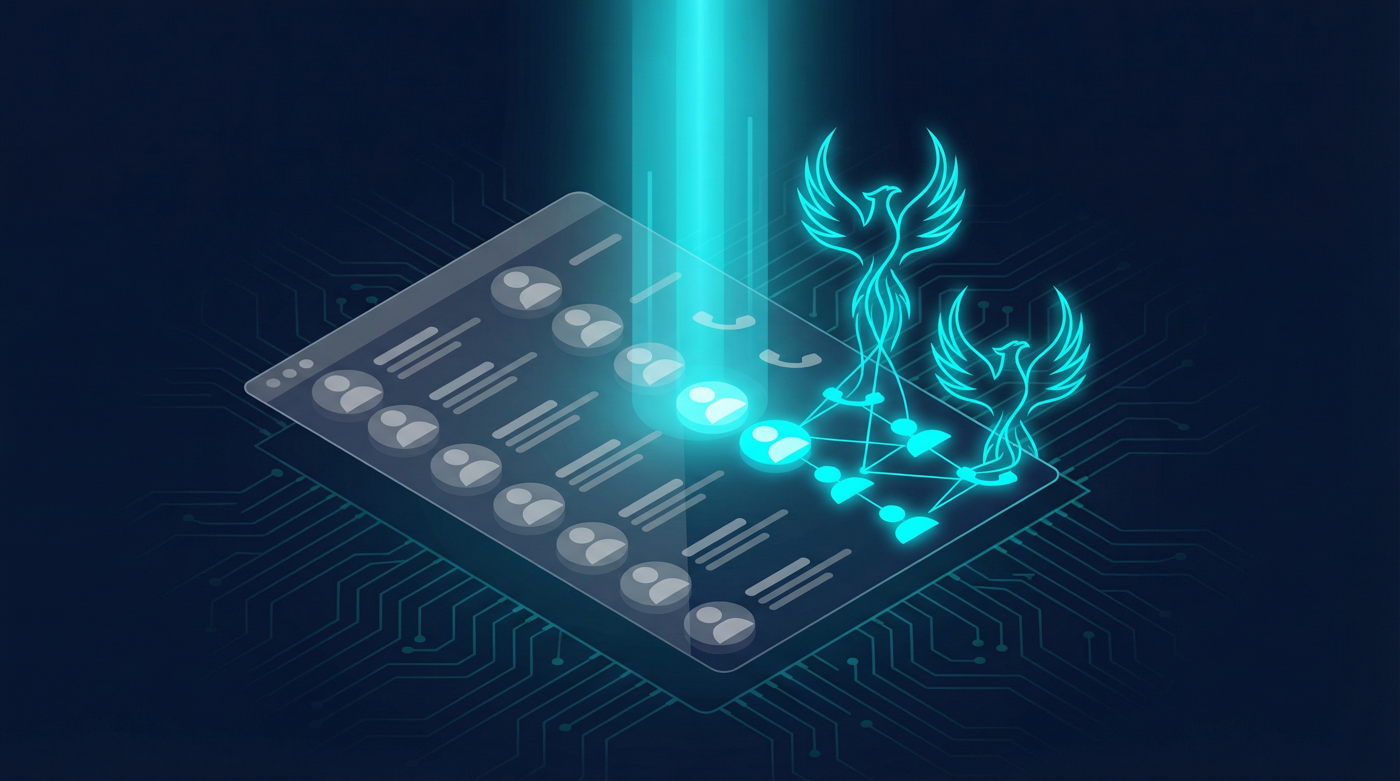 Dormant contact list being illuminated by a spotlight with grey icons turning into active cyan connections