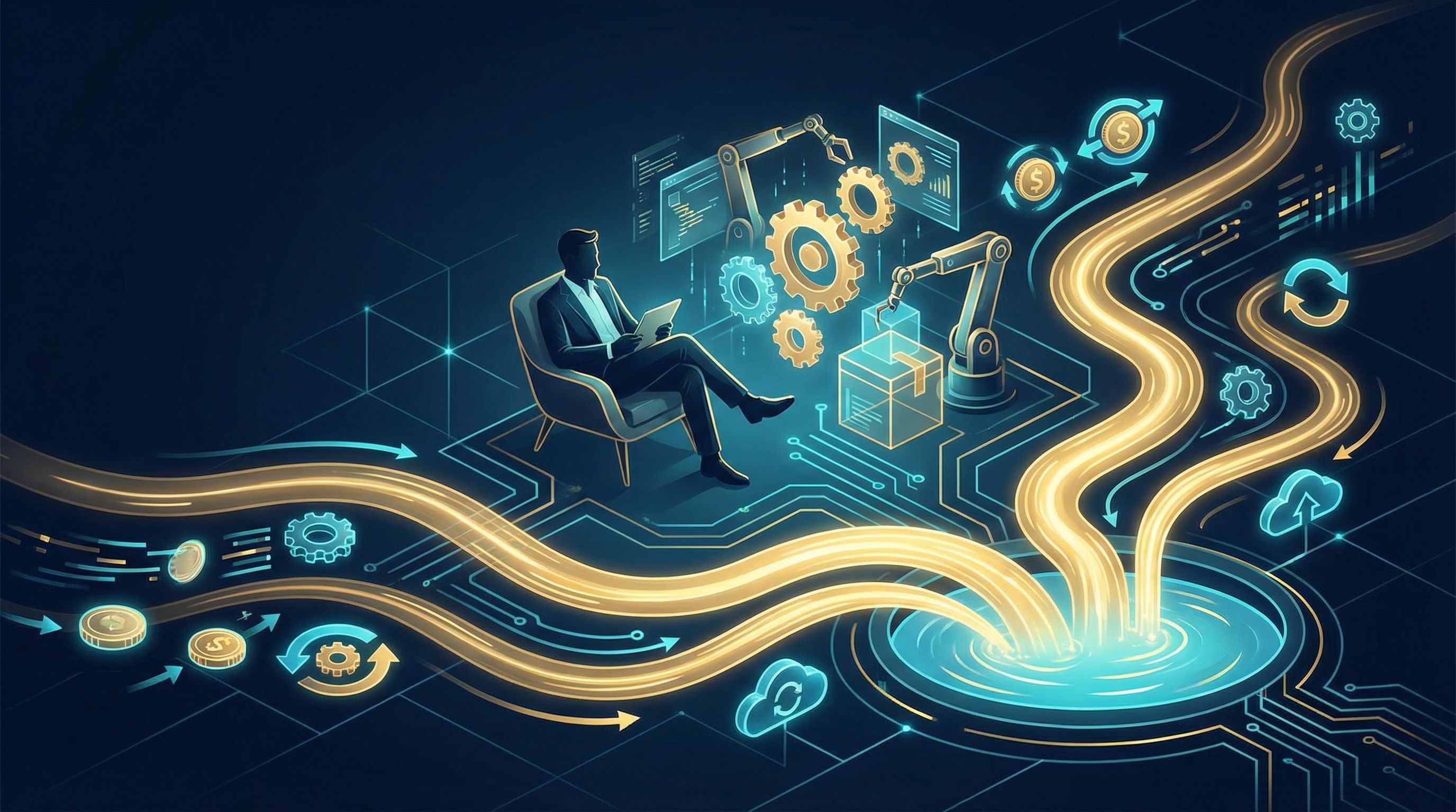 Multiple revenue streams flowing like golden rivers into a central pool with automation gears