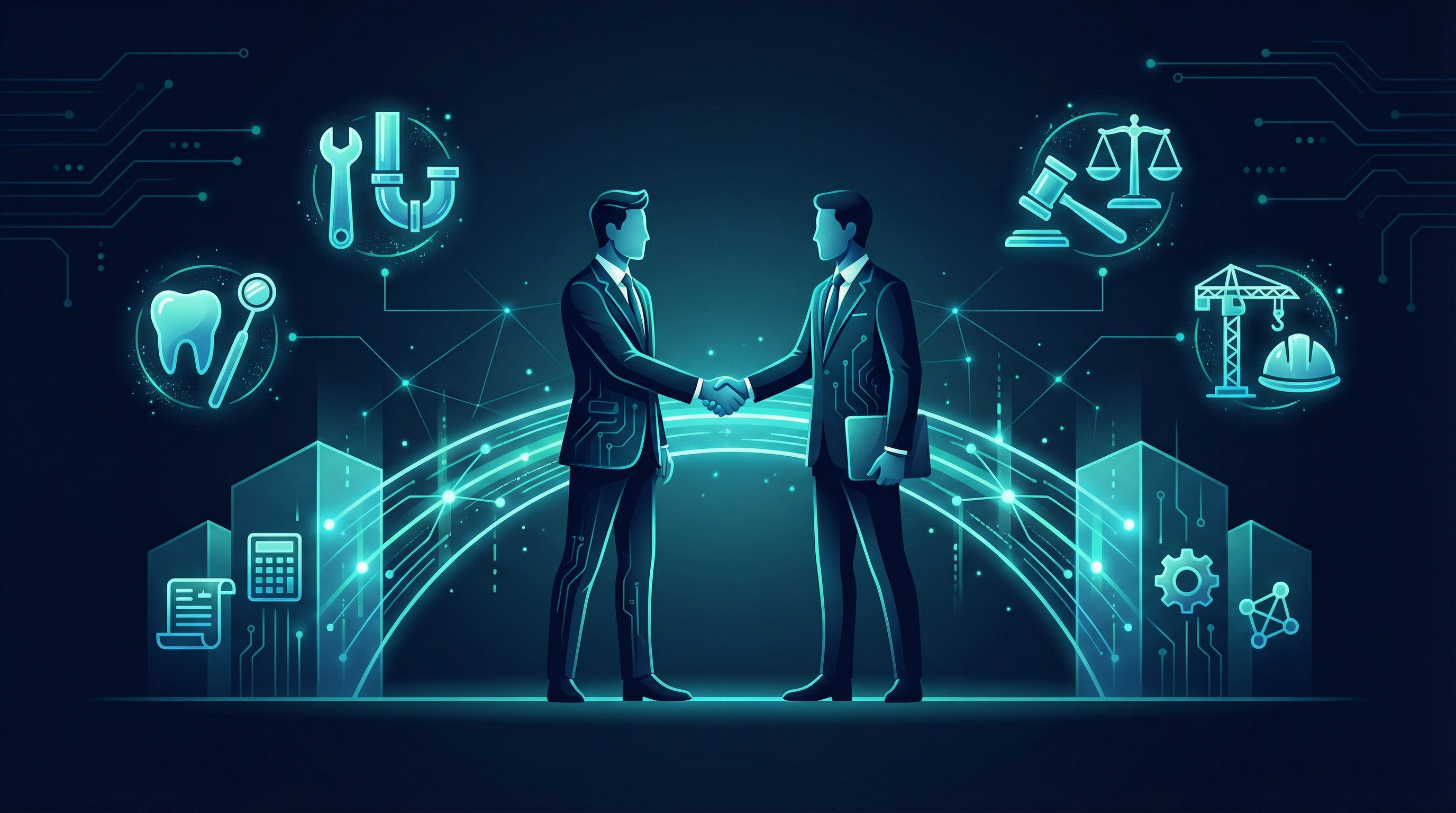 Two business professionals shaking hands with a glowing bridge connecting their businesses