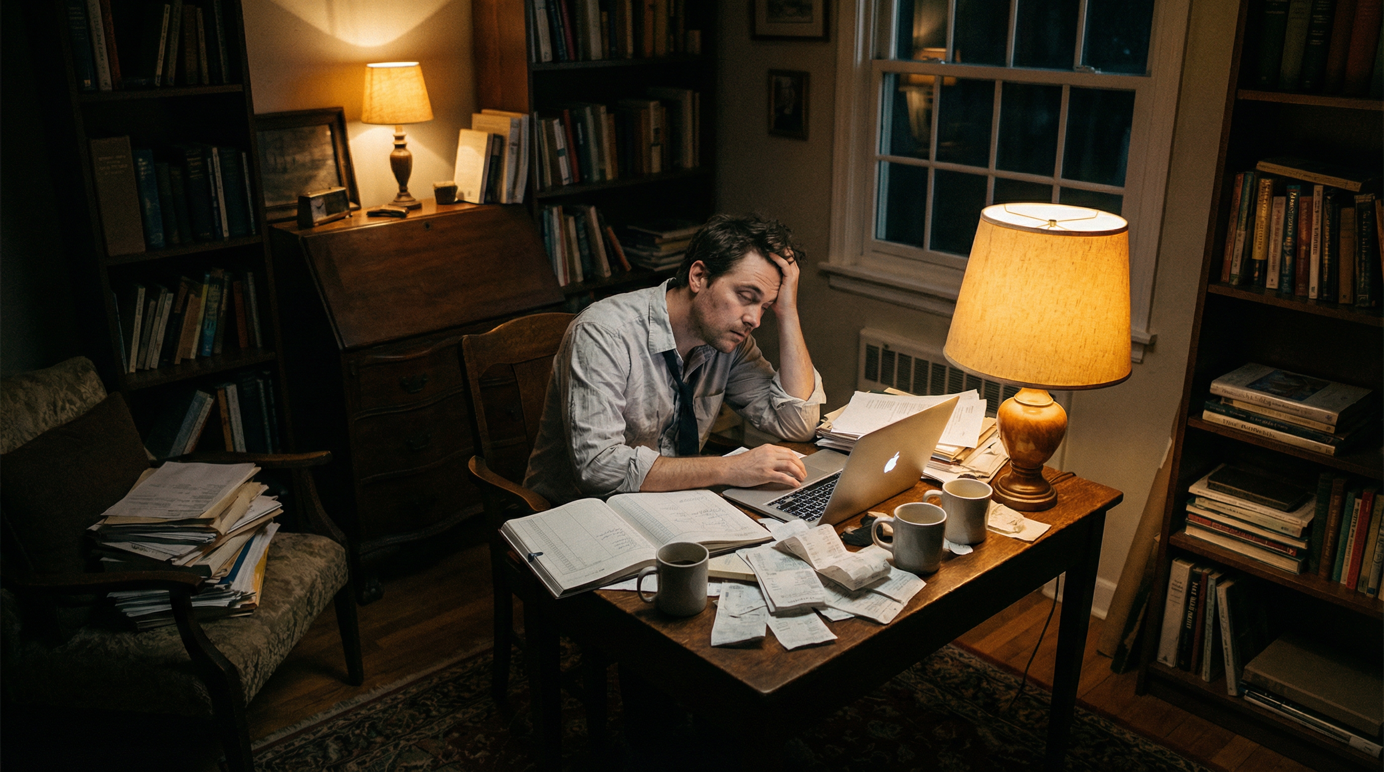 Exhausted bookkeeper working late at night at a cluttered desk with papers and laptop, warm amber desk lamp lighting